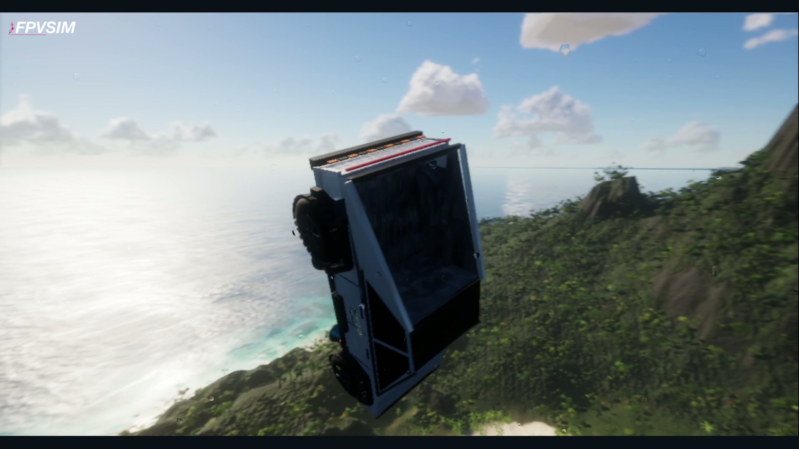 The Cyber Roadster climbing above the ocean and green Azores coastline in FPVSIM.