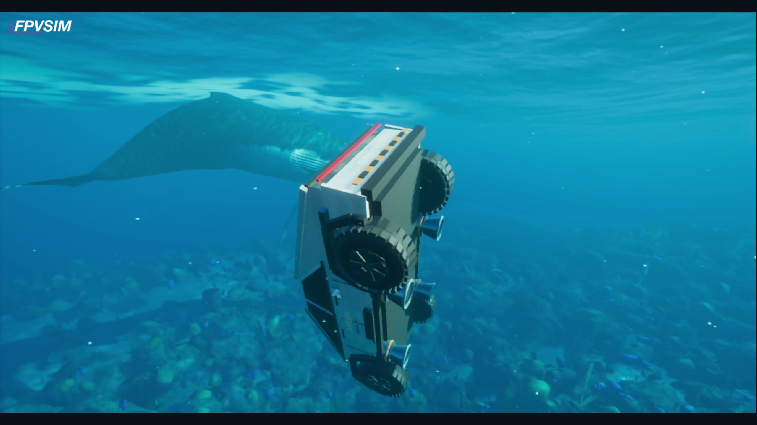 The Cyber Roadster beside a whale below the water surface in FPVSIM's Azores scenery.