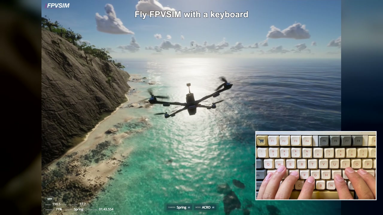 An X-Class drone flying beside the Azores coast in FPVSIM, with a synchronized view of the pilot's hands on a keyboard.