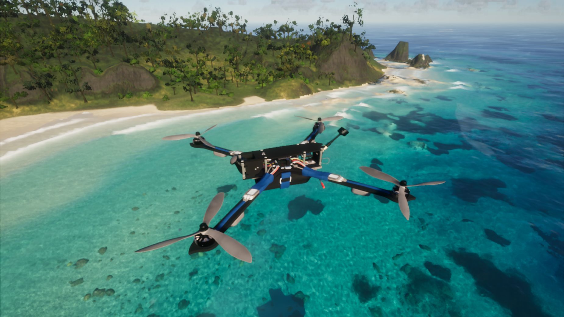 X-Class 900mm viewed from above beside a forested beach and rocky coast in FPVSIM.