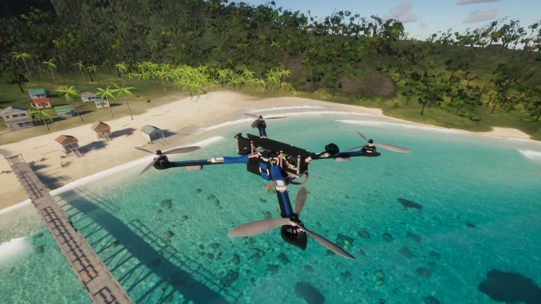X-Class quadcopter over the Azores lagoon, with a pier and beach houses behind it in FPVSIM.