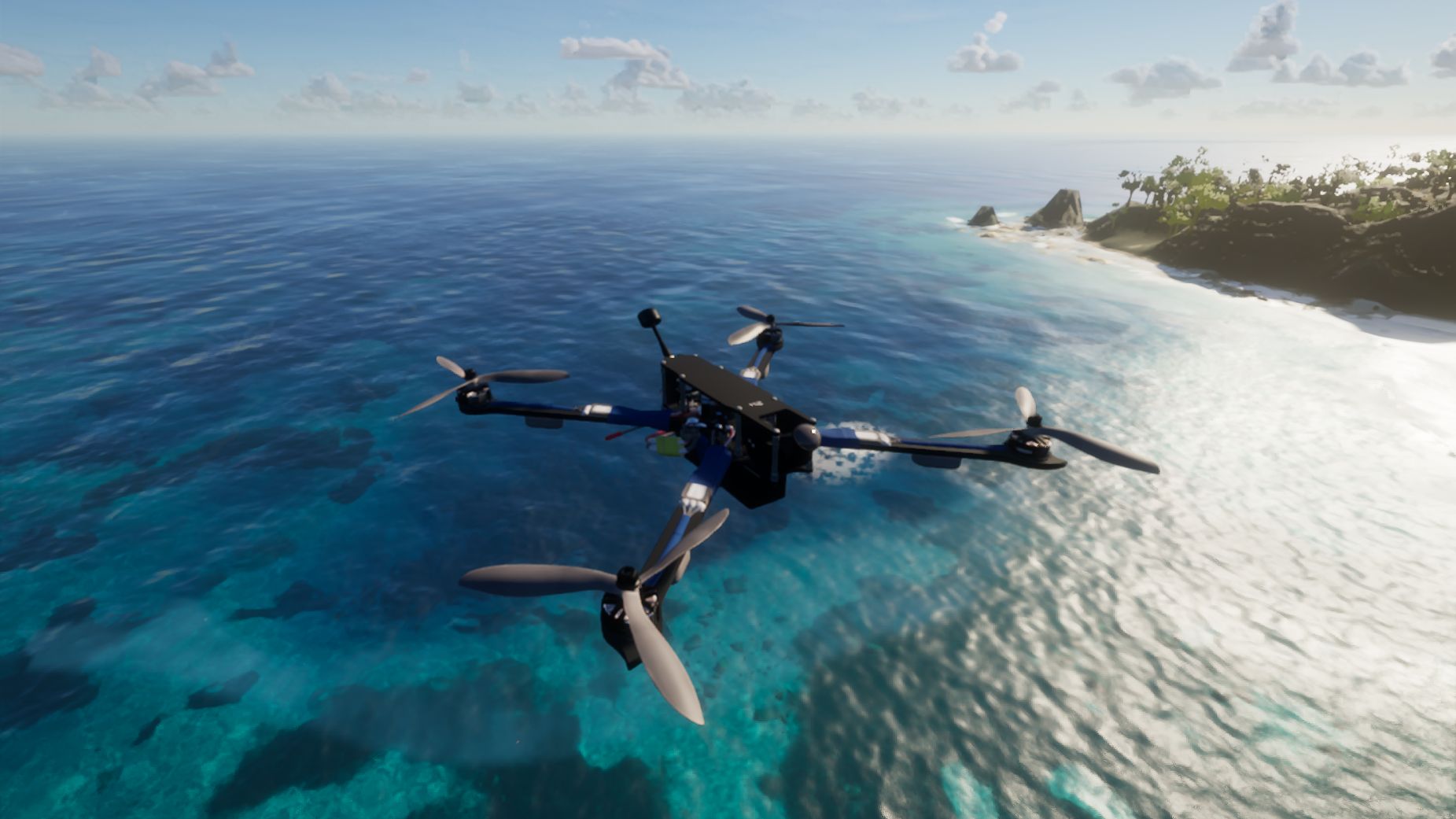 Blue X-Class 900mm quadcopter over turquoise water beside the Azores coastline in FPVSIM.