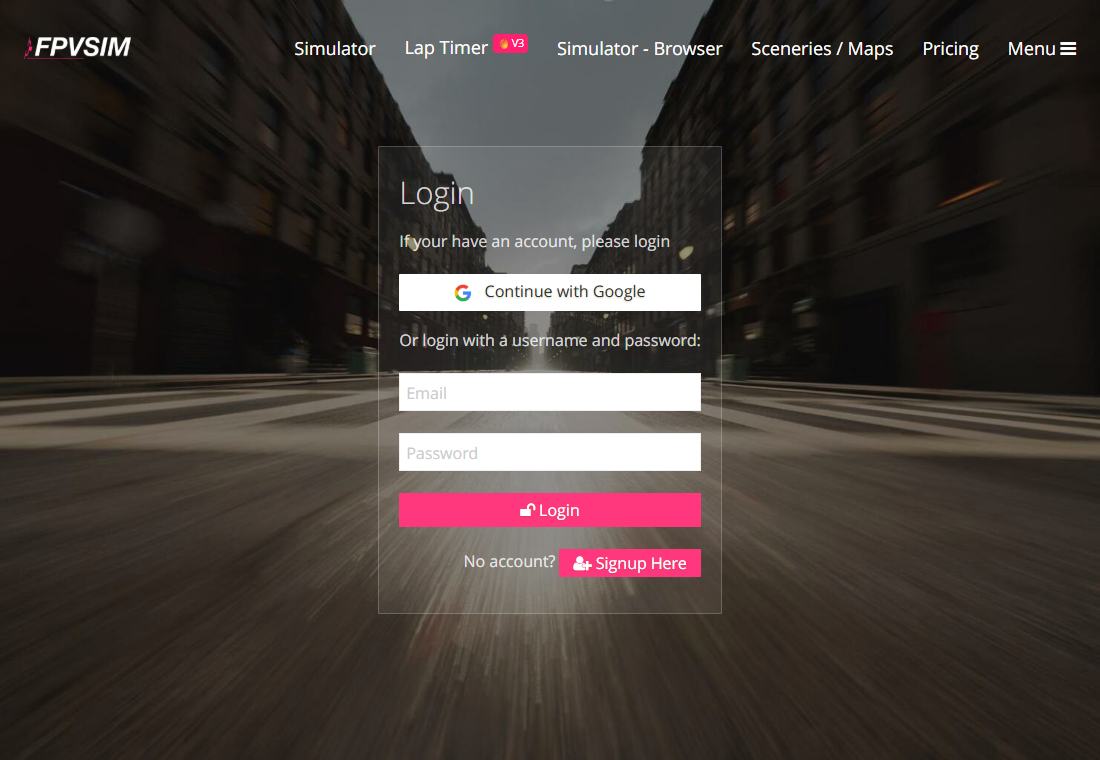 FPVSIM login page with the Continue with Google button above the email and password form.