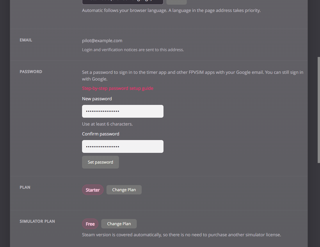 Account page showing the Google email, New password and Confirm password fields, and the Set password button.