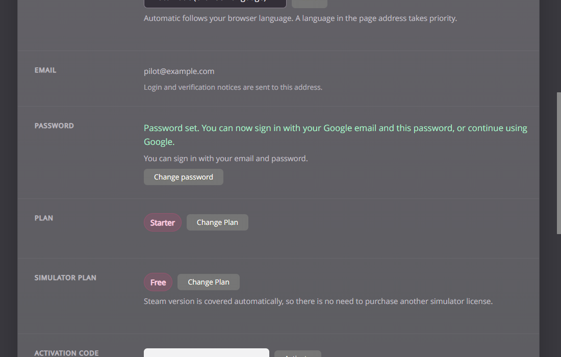 Account Password section confirming the password is set and showing the Change password button.