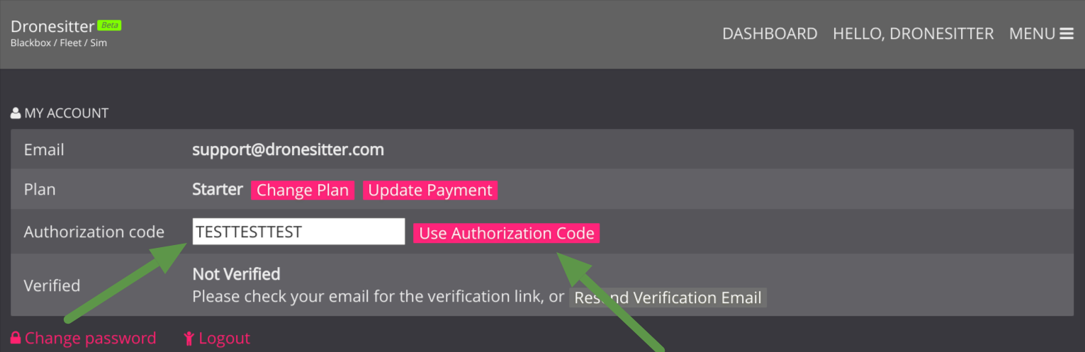 Input authorization code on the FPVSIM account page.