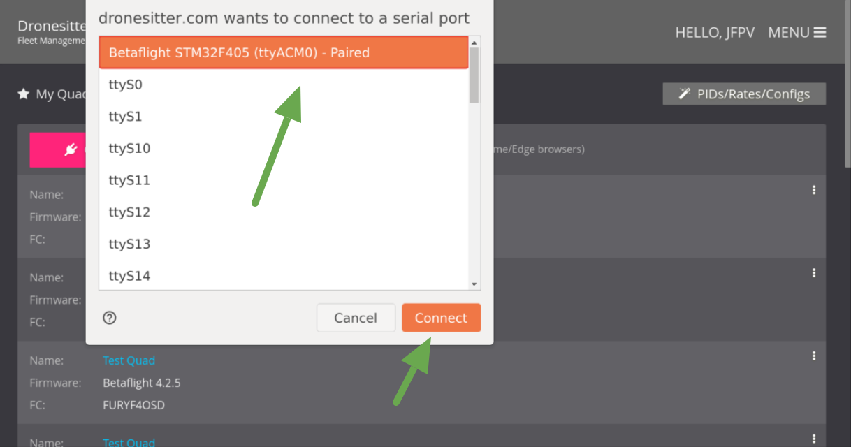 Choose Betaflight/iNav serial port.