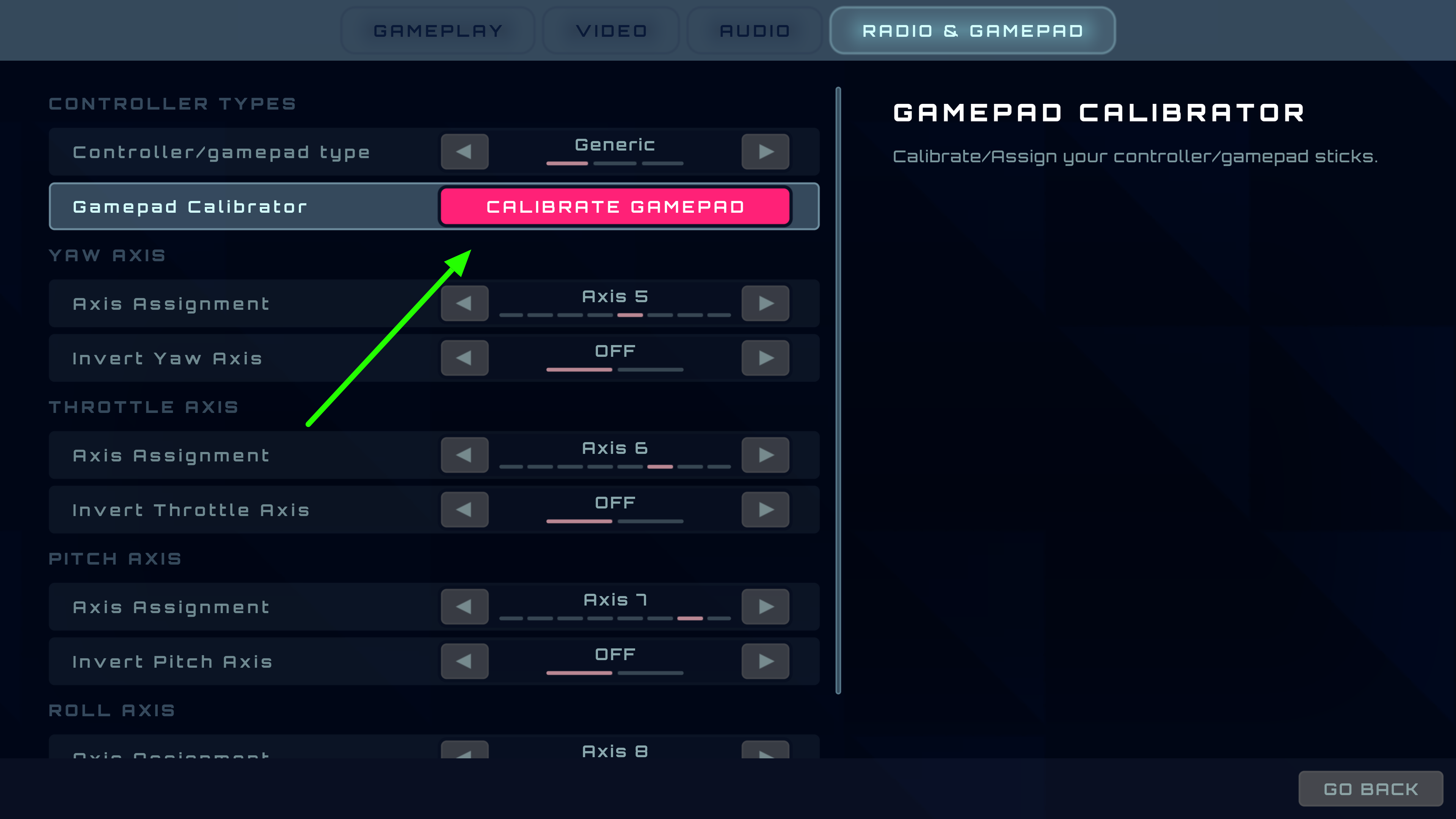 FPVSIM Gamepad Calibration View - calibration tool button.