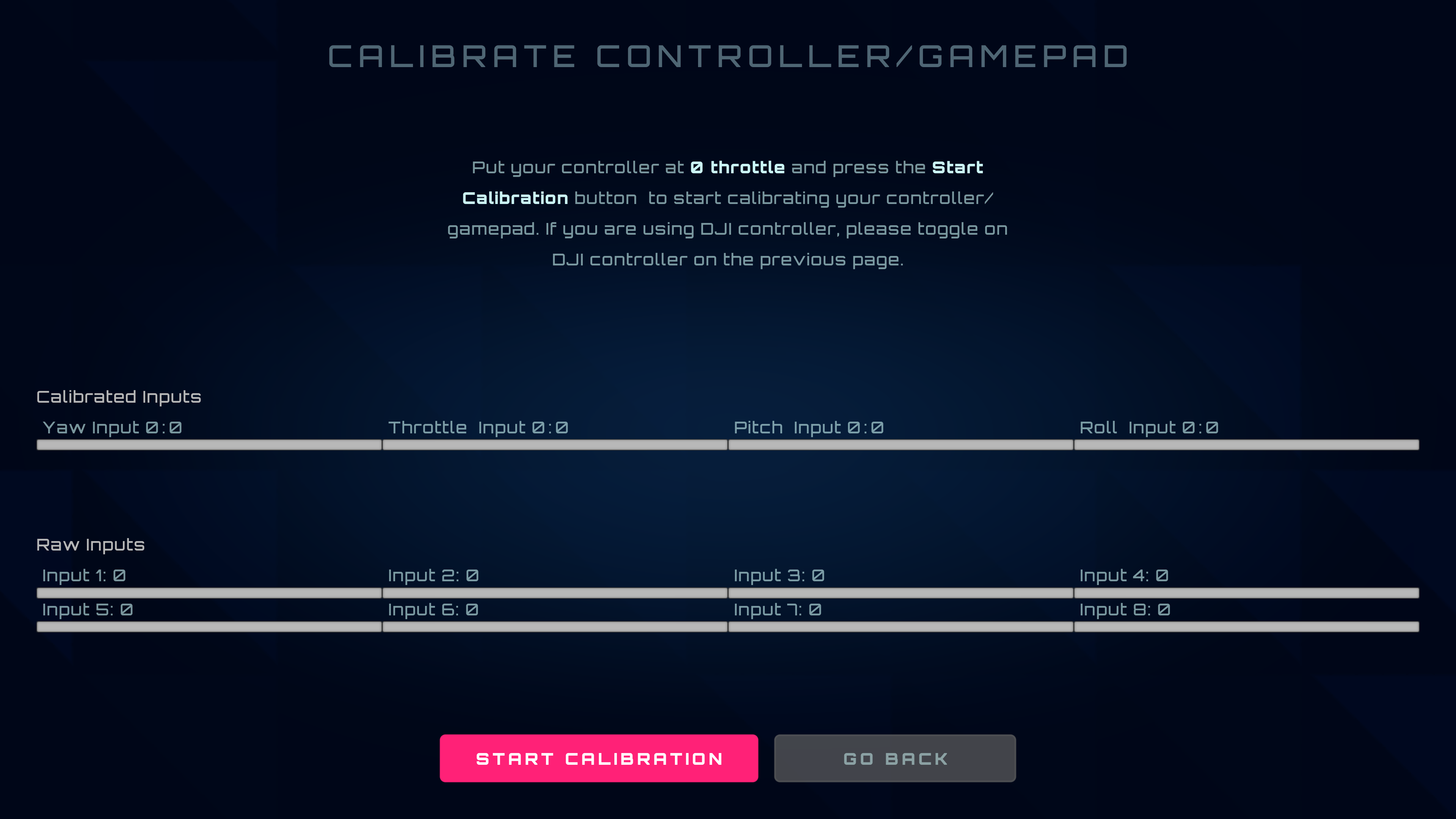 FPVSIM Gamepad Calibration View - calibration tool view.