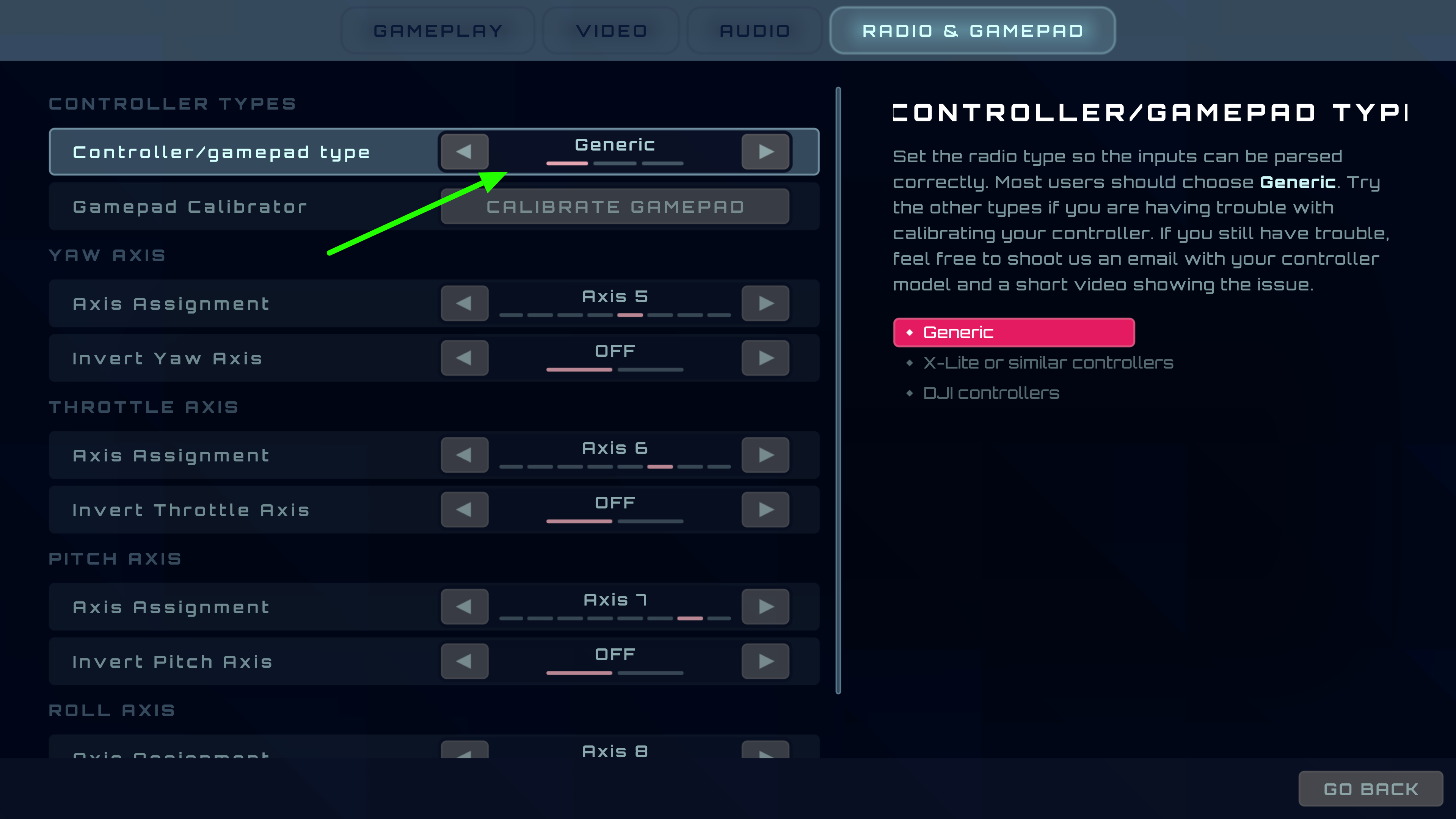 FPVSIM Gamepad Calibration View - DJI/X-Lite/Generic controller types.