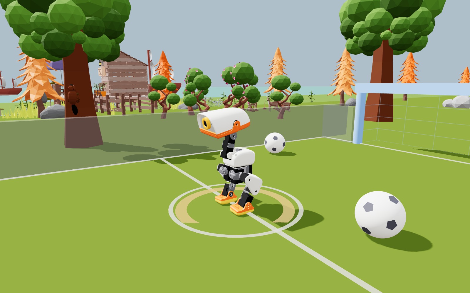 MicroDuck-Roboter spielen Fußball in Lake House