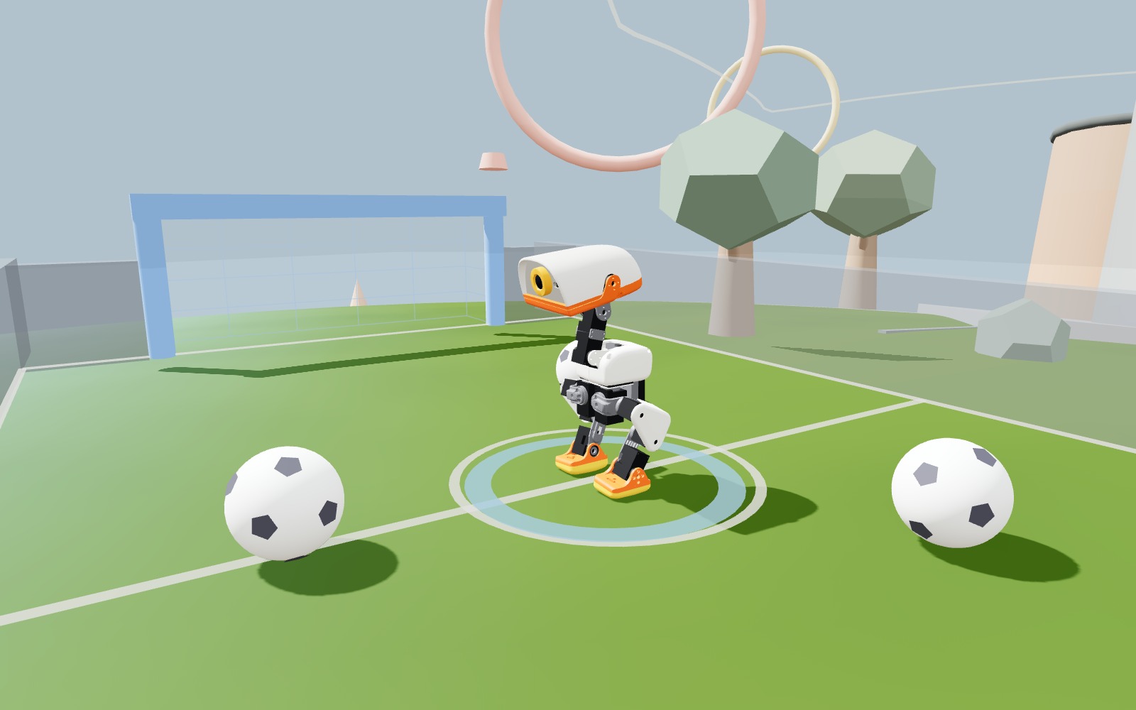 MicroDuck-Roboter spielen Fußball in Little World